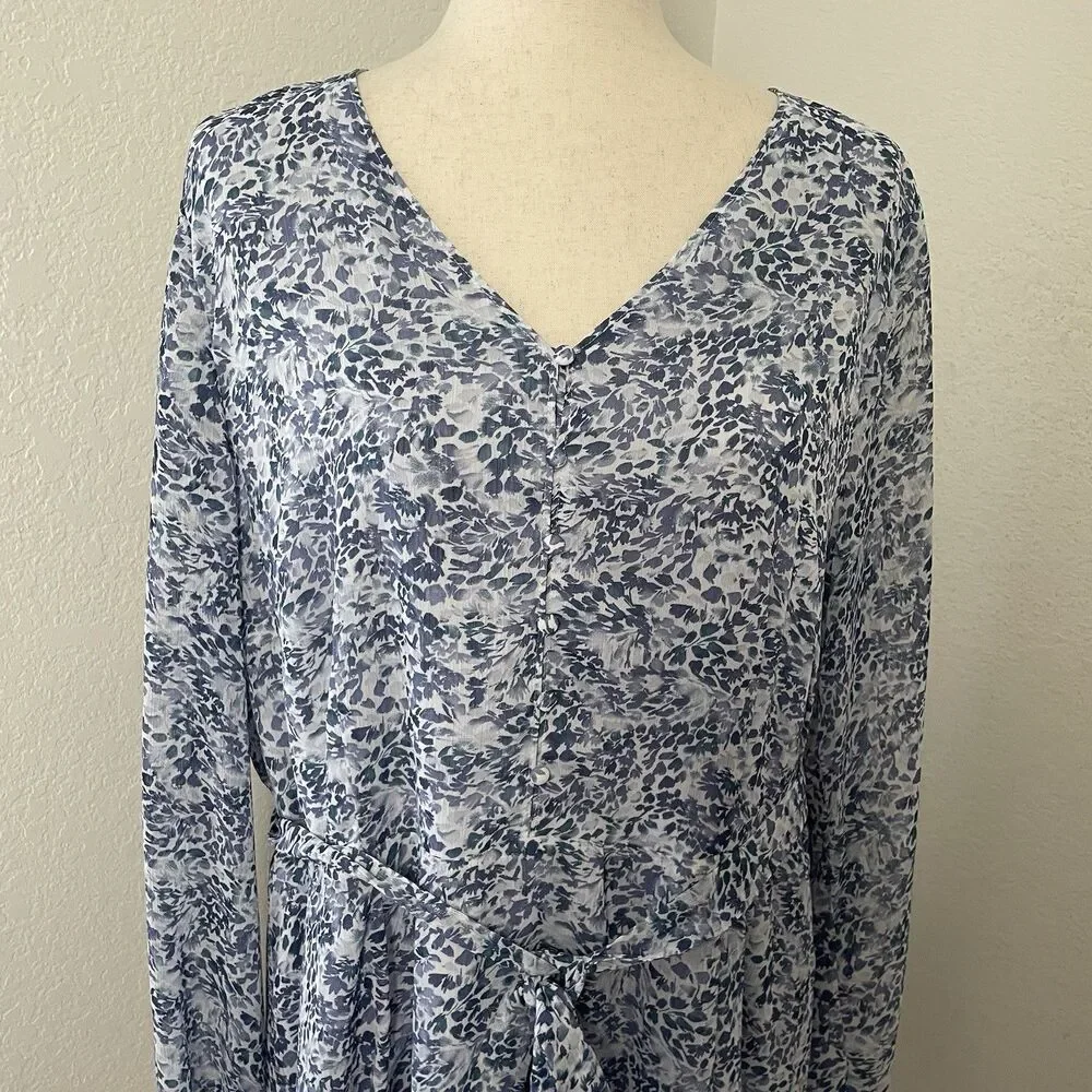 Express Women’s xL Floral Dress Short Tie Waist Blue Chiffon Long Sleeve Girly - Picture 7 of 11